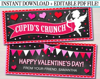 May include: Printable Valentine's Day gift tags with a chalkboard background and pink and red polka dots. The top tag features a white silhouette of Cupid with an arrow and the text "CUPID'S CRUNCH". The bottom tag features a pink and red banner with white triangles and the text "HAPPY VALENTINE'S DAY! FROM YOUR FRIEND, SAMANTHA".