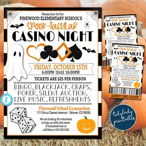 Halloween Casino Night-flyer en -ticketset, Spooktacular School Pto Pta Event Party, Fall Church Community Games Poker, BEWERKBARE SJABLOON