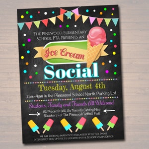 Peut inclure: Une affiche de style tableau noir avec des accents color&eacute;s annon&ccedil;ant un &eacute;v&eacute;nement "Ice Cream Social" &agrave; l'&eacute;cole &eacute;l&eacute;mentaire Pinewood. L'&eacute;v&eacute;nement aura lieu le mardi 4 ao&ucirc;t de 14h &agrave; 16h sur le parking nord de l'&eacute;cole. L'affiche indique que les &eacute;l&egrave;ves, les familles et les amis sont tous les bienvenus. Tous les b&eacute;n&eacute;fices de l'&eacute;v&eacute;nement serviront &agrave; l'achat de nouvelles tribunes pour le terrain de football de Pinewood.