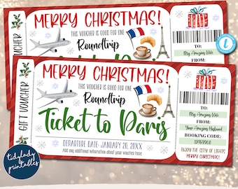 May include: A printable Christmas gift voucher for a roundtrip ticket to Paris. The voucher is red and white with a green and white airplane, a red gift box, and a drawing of the Eiffel Tower. The text on the voucher reads "Merry Christmas! This voucher is good for one roundtrip ticket to Paris. Departure date: January 20, 20XX. Add any additional information about your voucher here. Enjoy the city of lights! Merry Christmas!"