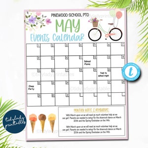 Editable May Events Calendar: Spring PTO PTA Handout (Printable)