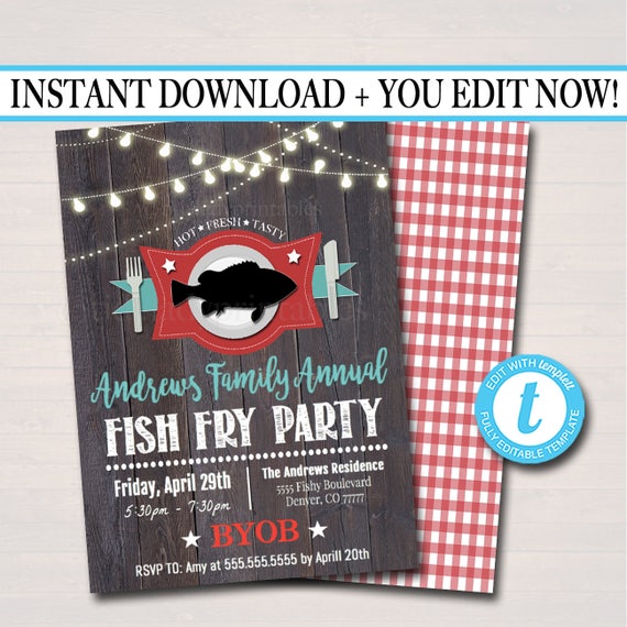 Editable Fish Fry Party Invite Family Picnic Lent Church Event Printable Invitation Company Flyer Southern Bbq Party Fundraising Event By Tidylady Printables Catch My Party