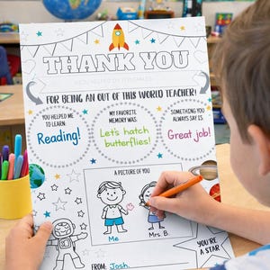 Teacher Appreciation Space Theme Worksheet: Space Theme Student Coloring Page Thank You Card Activity (Printable)