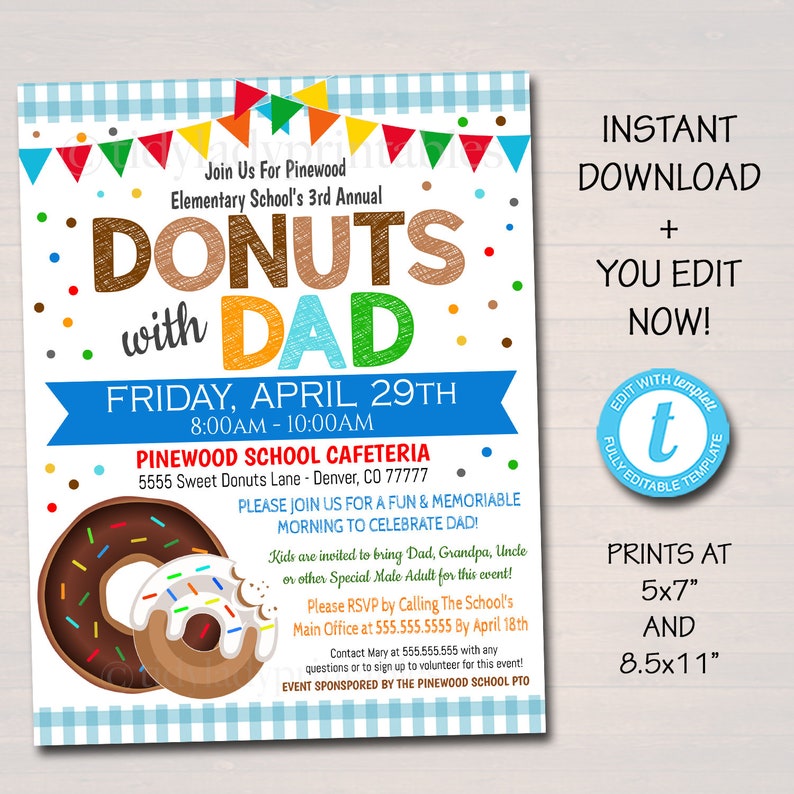 EDITABLE Donuts With Dad Invitation, Printable PTA Flyer, Father's Day Event Flyer, School Appreciation Fundraiser Digital Breakfast Invite image 1