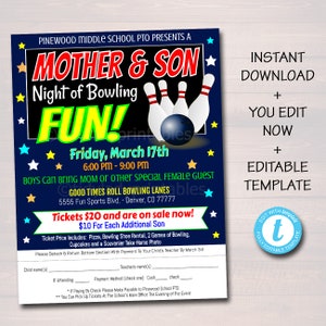 May include: A blue and yellow flyer with stars and bowling pins for a Mother & Son Night of Bowling event. The event is on Friday, March 17th from 6:00 PM to 9:00 PM at Good Times Roll Bowling Lanes. Tickets are $20 and $10 for each additional son. The flyer includes a section for payment information.
