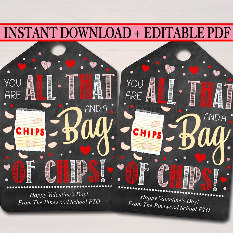 Valentines Chip Tags, Thank You Labels, Printable, INSTANT EDITABLE, Valentine Appreciation Gift, PTA Pto Teacher Staff Nurse Employee image 1