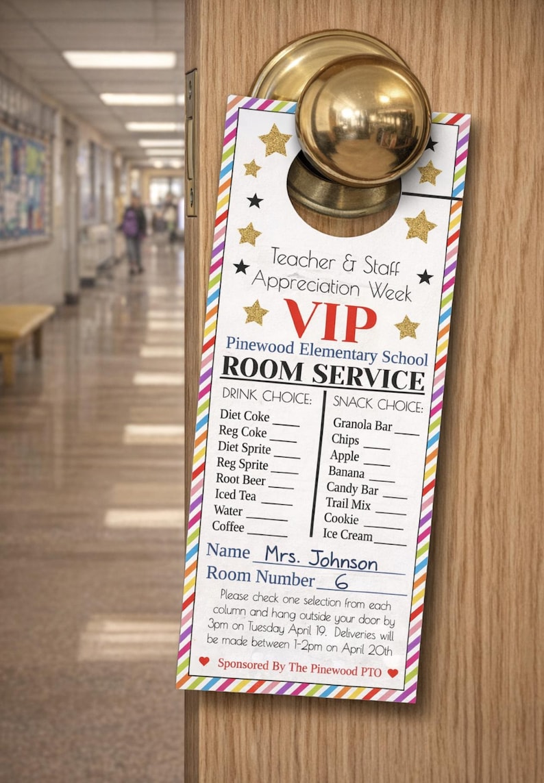 Editable Room Service Door Hanger: Teacher Appreciation Week Printable Idea (Instant Download) image 1