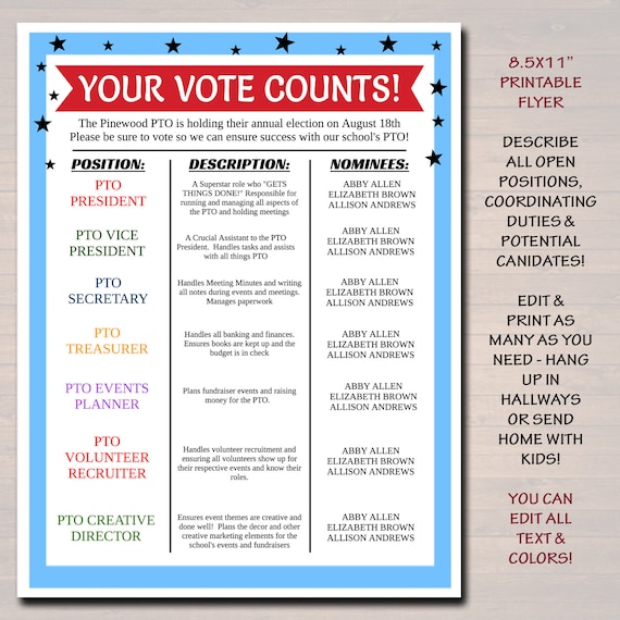 Editable Pto Pta Voting Election Flyer And Ballot Sheets Etsy