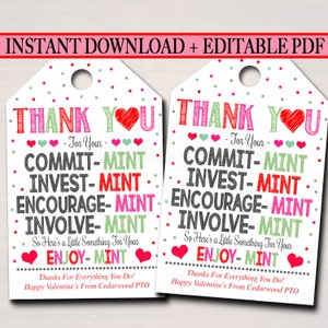 Valentines Mint Tags, Danke Etiketten, druckbar, SOFORT + BEARBEITBAR, Valentin Wertschätzung Geschenk, PTA Pto Lehrer Personal Krankenschwester Mitarbeiter