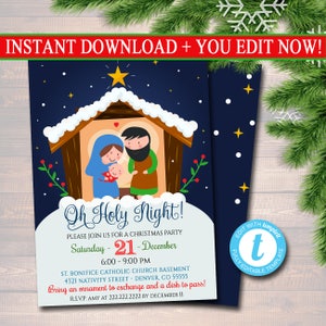 May include: A blue and white Christmas party invitation with a cartoon illustration of the Holy Family in a manger. The text reads "Oh Holy Night!" and includes details about the party, including the date, time, and location. The invitation also includes the text "Bring an ornament to exchange and a dish to pass!"