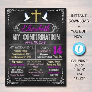 EDITIERBARE Konfirmation Tafel Poster, religiöse christliche Sakrament Party Dekor Mädchen Erstkommunion Taufe Zeichen Digital SOFORTIGER DOWNLOAD