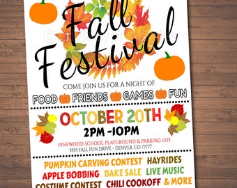 May include: Fall Festival invitation with a white background and colorful autumn leaves. The text reads "Fall Festival" with pumpkins and leaves surrounding the text. The event is on October 20th from 2pm to 10pm at Pinewood School Playground. Activities include pumpkin carving contest, hayrides, apple bobbing, bake sale, live music, costume contest, and chili cookoff.