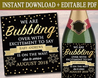 Baby Champagne Label New Years Pregnancy Announcement Printable Wine Label, New Years Eve Pregancy Reveal Poppin Bottles of a Different Kind