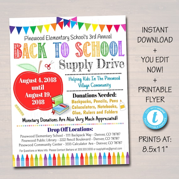 EDITABLE School Supply Drive Flyer, Printable PTA PTO Flyer, School Supplies Fundraiser Poster, Back To School Invite, Printable Invitation Il_570xn