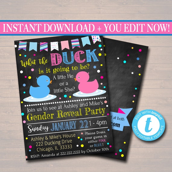EDITABLE Gender Reveal Party Invitation, What the Duck is it going to be He or She, Baby Shower, Team Pink Team Blue Invite INSTANT DOWNLOAD Il_570xn
