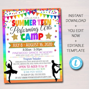 Summer Camp Flyer, Performing Arts, Dance Drama Theater Camp, Marketing Invite, Middle High School Teen Printable Editable Template