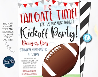 May include: A football-themed party invitation with red, white, and gray pennant flags. The invitation reads "It's Tailgate Time! Join us for our annual Kickoff Party! Bears vs. Lions. Saturday, September 27 at 1:00PM. The Bear Pub Lot 1111 North Autumn Lane Madison, WI 77777. Please RSVP to Mary at 555.555.5555 by June 10th. BYOB and Bring a side dish to pass."