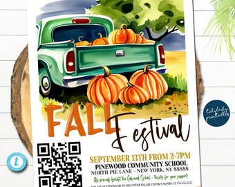 Op de afbeelding: Een printbare flyer voor een herfstfestival op Pinewood Community School. De flyer toont een aquarel-illustratie van een groene pick-up truck met pompoenen in de laadbak. De tekst op de flyer luidt "Herfstfestival" en bevat de datum, tijd en locatie van het evenement. De flyer bevat ook een QR-code.