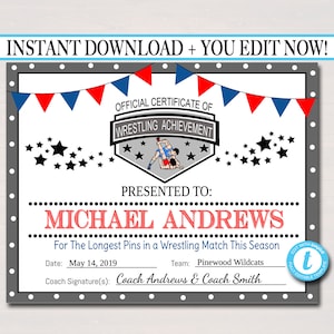 EDITABLE Wrestling Award Certificates, INSTANT DOWNLOAD Wrestling Team Awards, Wrestling Party Printable, Printable Award Sports Certificate