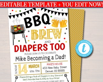 BBQ Baby Shower Invitation: Brew and Diapers, Editable Baby-Q (Digital Download)