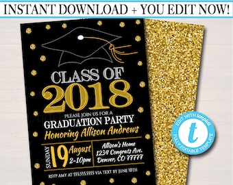 Bewerkbare uitnodiging afstudeerfeestje: zwarte en gouden glitter (digitale download)