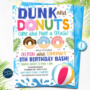 Dunk and Donuts Birthday Invitation, Pool Birthday invitation, Donut Party Invite, Summer Kids Twin Siblings Pool Birthday EDITABLE TEMPLATE