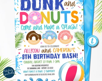 Inbjudan till Donut Pool Party: Dunk and Donuts födelsedag (REDIGERBAR MALL)