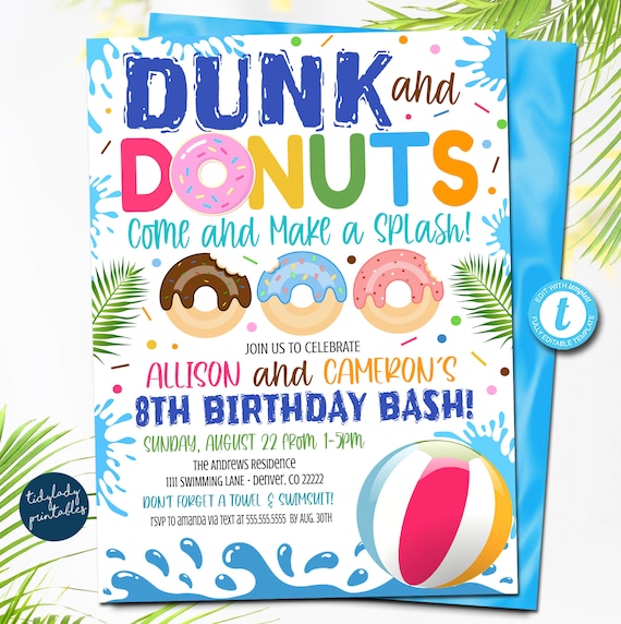 Dunk and Donuts Birthday Invitation, Pool Birthday invitation, Donut ...