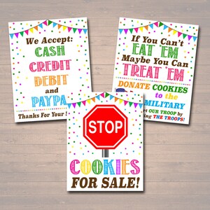 PRINTABLE Cookie Booth Sign Set, Accept Payments, Fundraising Booth, Stop Cookies, Donate Troops, Cookie Banner, Cookie Drop Booth Poster