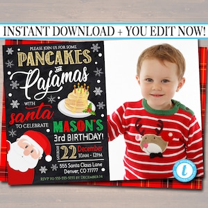 Pancakes and Pajamas Photo Invitation, Kids Brunch Christmas Birthday Party Invite, Holiday Santa Brunch Plaid Invitation, EDITABLE TEMPLATE