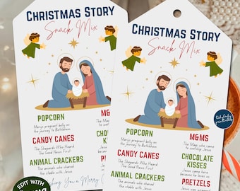 May include: Two white Christmas-themed gift tags with the text "Christmas Story Snack Mix." Each tag features an illustration of the Nativity scene, angels, and a list of snack suggestions. The tags are designed for a holiday gift.