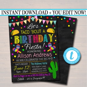 Op de afbeelding: Een kleurrijke uitnodiging voor een verjaardagsfeest in de stijl van een schoolbord met een taco-thema. De uitnodiging zegt "Let's Taco 'Bout a Birthday Fiesta!" en bevat de naam Allison Andrews, de datum 12 juni en de tijd van 17:00 tot 22:00 uur. De uitnodiging bevat ook het adres 5555 Party Lane, Apartment #45, Denver, CO 77777.