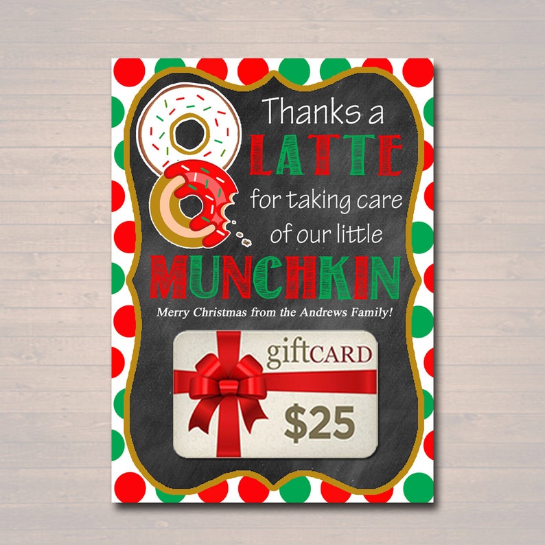 EDITABLE Christmas Thanks a Latte Coffee Donut Gift Card Holder Printable Teacher Gift Daycare Teacher Gift Babysitter Gift INSTANT DOWNLOAD image 1