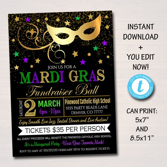 editable mardi gras invitation flyer masquerade ball formal invite catholic church school benefit auction event pto pta instant download mardi gras invitations