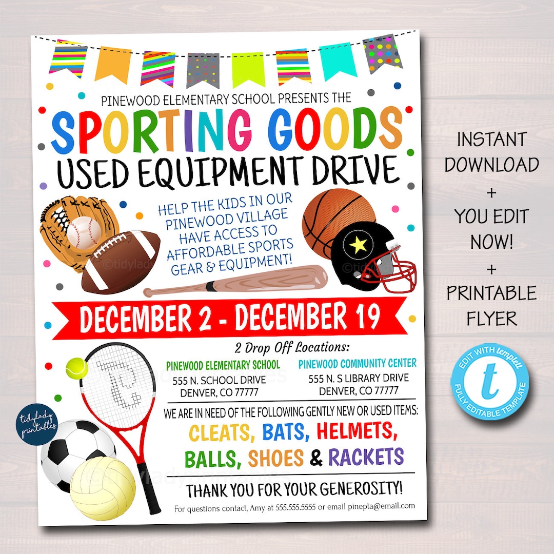 Sporting Goods Equipment Drive Fundraiser Flyer, Sports Team Printable