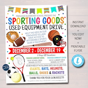Ulotka na zbiórkę funduszy na sprzęt sportowy, drużyna sportowa do druku, Business Church Nonprofit School PTO PTA Event, edytowalny szablon