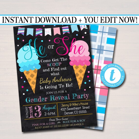 EDITABLE Ice Cream Gender Reveal Summer BBQ Invitation, Baby Sprinkle, Team Pink Blue, Shower Grill Out Celebration, Here's The Scoop Invite Il_570xn