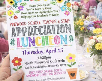 Floral Theme Teacher Appreciation Luncheon Invitation: Staff Thank You Editable Printable (Digital Download)