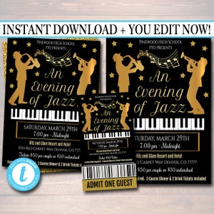 EDITABLE Jazz Benefit Fundraiser Invitation/Flyer/Ticket Set Digital Invite, Concert Music Invitation, Pto Pta School Event INSTANT DOWNLOAD