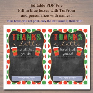 EDITABLE Coffee Card Holder, Thanks a Latte Holiday Gift Card Holder, Printable Stocking Stuffer, Holiday Teacher Gifts, INSTANT DOWNLOAD image 2
