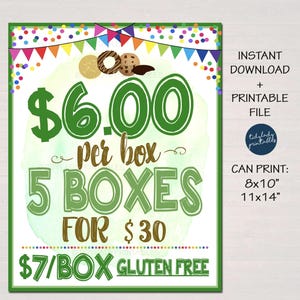 Könnte beinhalten: Ein grünes und braunes druckbares Schild mit dem Text "$6.00 per box 5 BOXES FOR $30 $7/BOX GLUTEN FREE". Das Schild enthält auch eine Grafik von Keksen und einen Aquarellhintergrund. Das Schild ist zum sofortigen Download verfügbar und kann in 8x10 oder 11x14 Zoll gedruckt werden.