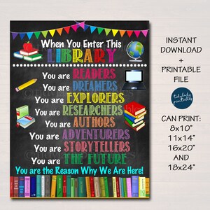 May include: A colorful printable sign for a library with the text "When You Enter This Library You Are..." followed by a list of words describing the roles of library patrons, such as "Readers", "Dreamers", "Explorers", "Researchers", "Authors", "Adventurers", "Storytellers", and "The Future". The sign also includes the text "You Are The Reason Why We Are Here!" and a row of colorful books at the bottom.