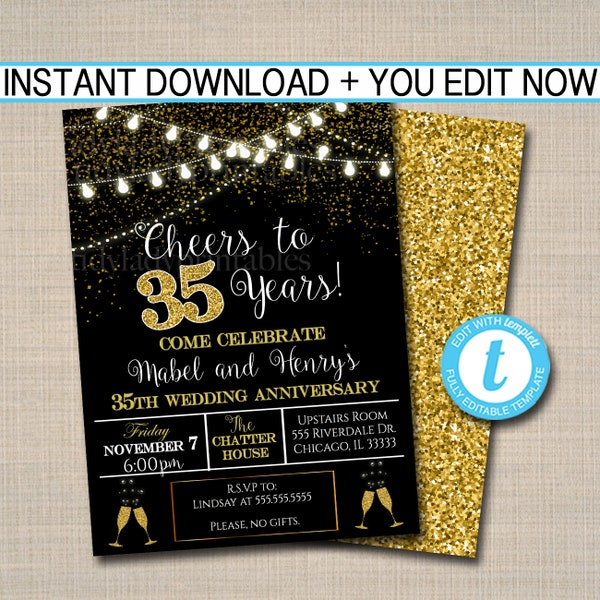 EDITABLE 35th Party Invitation, Birthday Printable Cheers to Thirty Five Years, Digital 35th Wedding Anniversary Invite, Black & Gold Party