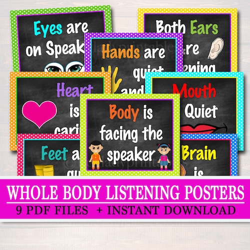 Classroom Rules Colorful Chalk Teacher Art Whole Body Listening 11x14 Art Classroom Printable Classroom Decorations Classroom Wall Art
