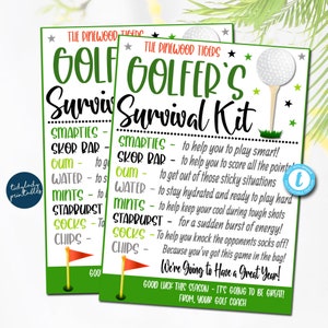 Golfer Survival Kit afdrukbaar, golfteam cadeau, team kinderen schoolsporten, golfspeler snack traktatie tags, team gunst idee, BEWERKBARE SJABLOON