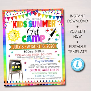 Summer Art Camp Flyer, Kids Little Artist Teacher Camp, Marketing Invitation, Elementary Middle High School, Printable Editable Template