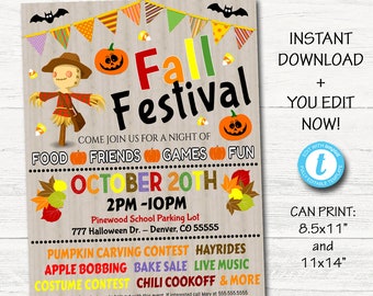 EDITABLE Fall Festival Fall Harvest Flyer/Poster Printable Halloween Invitation, Community Halloween Event, Church School Halloween Party