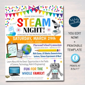 EDITABLE Family Steam Night Flyer, School PTA PTO Flyer, Community Church Fundraiser, Math Science Tech Educational Event Poster, Printable