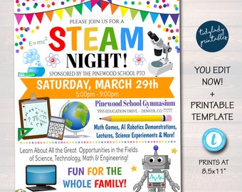 EDITABLE Family Steam Night Flyer, School PTA PTO Flyer, Community Church Fundraiser, Math Science Tech Educational Event Poster, Printable