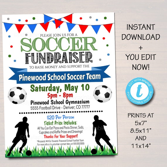 EDITABLE Soccer Fundraiser Flyer, Printable PTA PTO Flyer, School Benefit Fundraiser Event, Poster Digital, Soccer Banquet Party Invitation Il_570xn